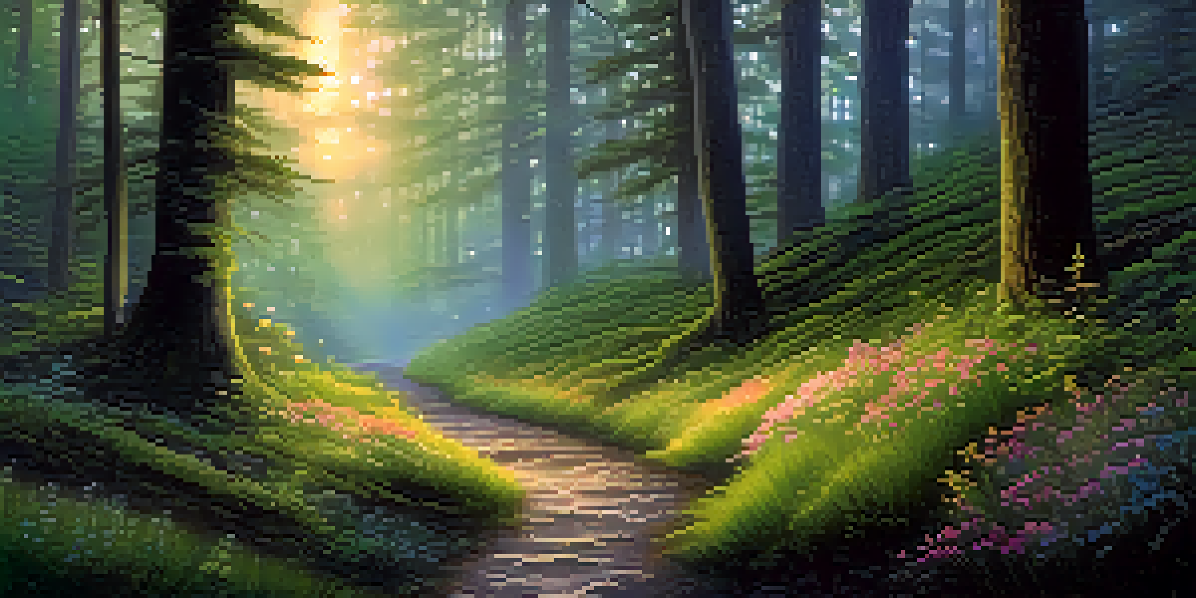 A tranquil forest path at twilight, illuminated by soft lights and surrounded by tall trees and colorful wildflowers.