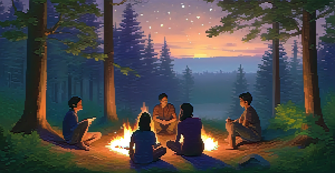 A group of diverse individuals sitting in a circle around a campfire in a forest at dusk, sharing stories with a warm glow illuminating their faces.