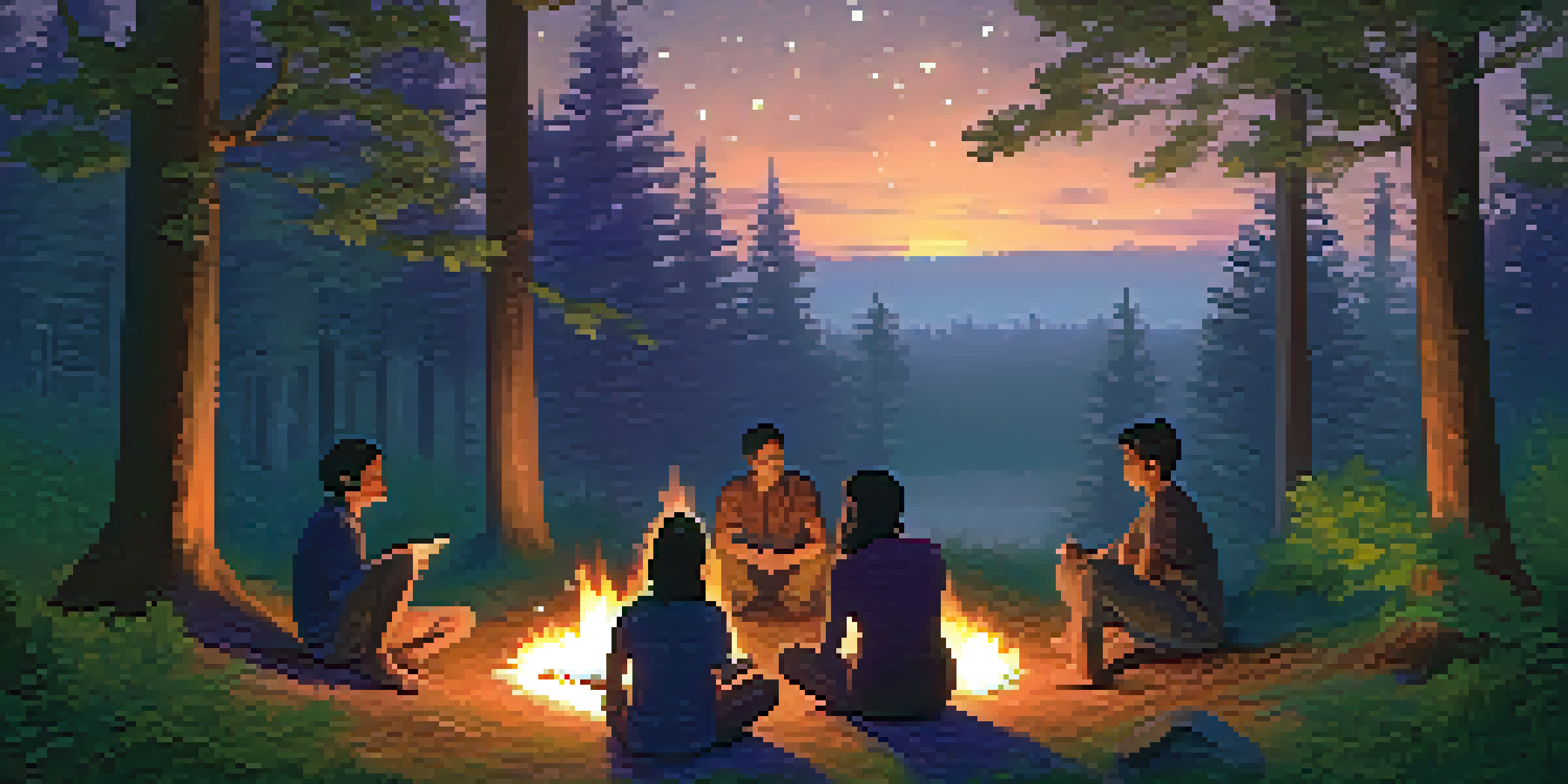 A group of diverse individuals sitting in a circle around a campfire in a forest at dusk, sharing stories with a warm glow illuminating their faces.