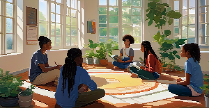 A diverse group of students in a bright and serene classroom, engaged in discussion while sitting on floor cushions among plants.