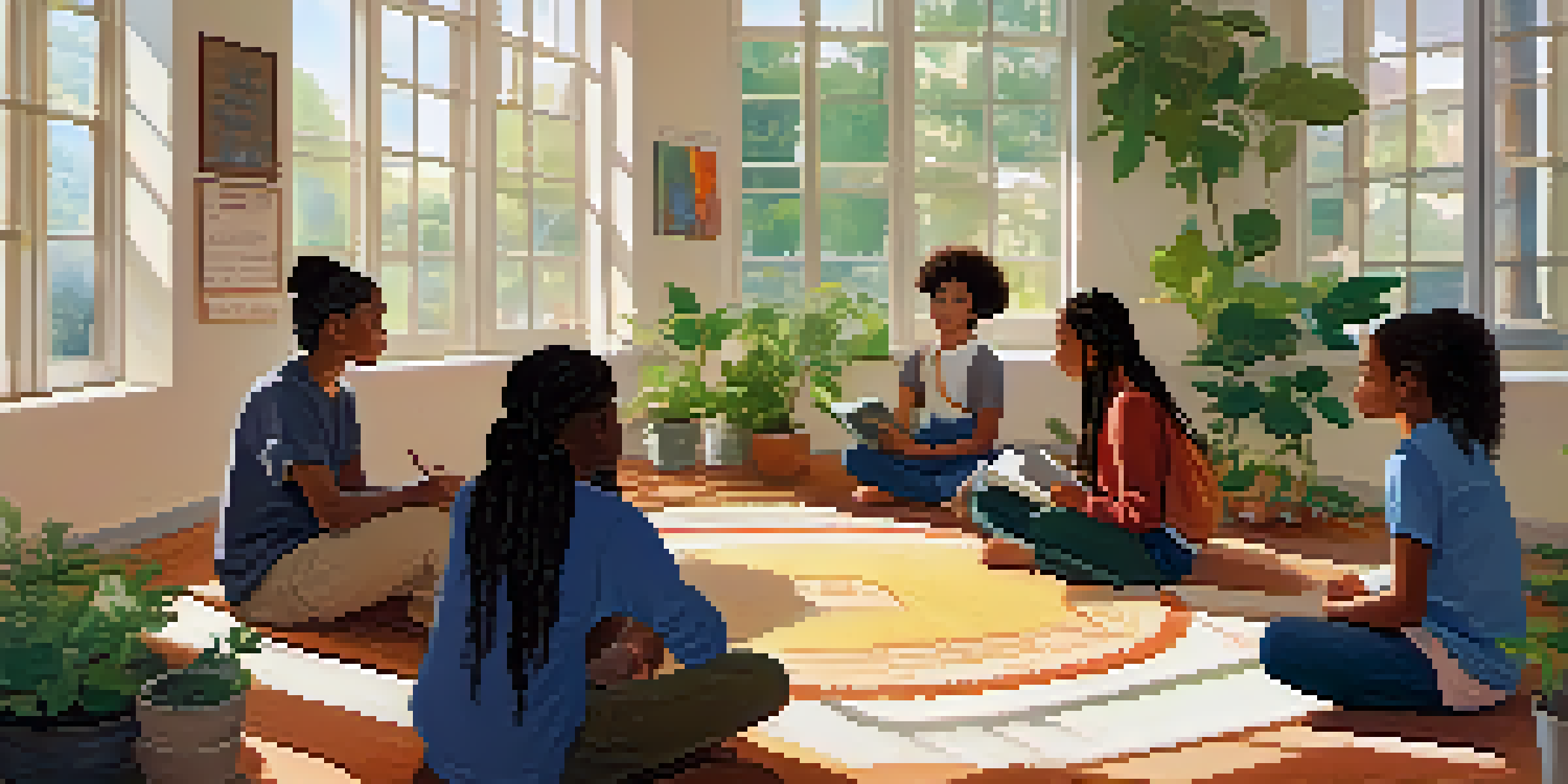 A diverse group of students in a bright and serene classroom, engaged in discussion while sitting on floor cushions among plants.