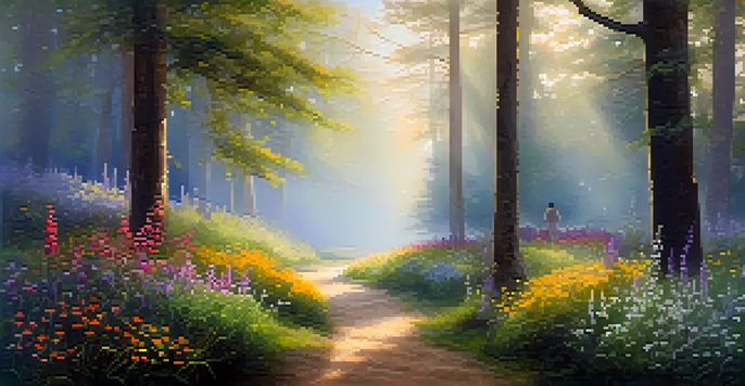 A peaceful forest at dawn with sunlight filtering through trees and a diverse group of people gathered in a joyful ceremony.