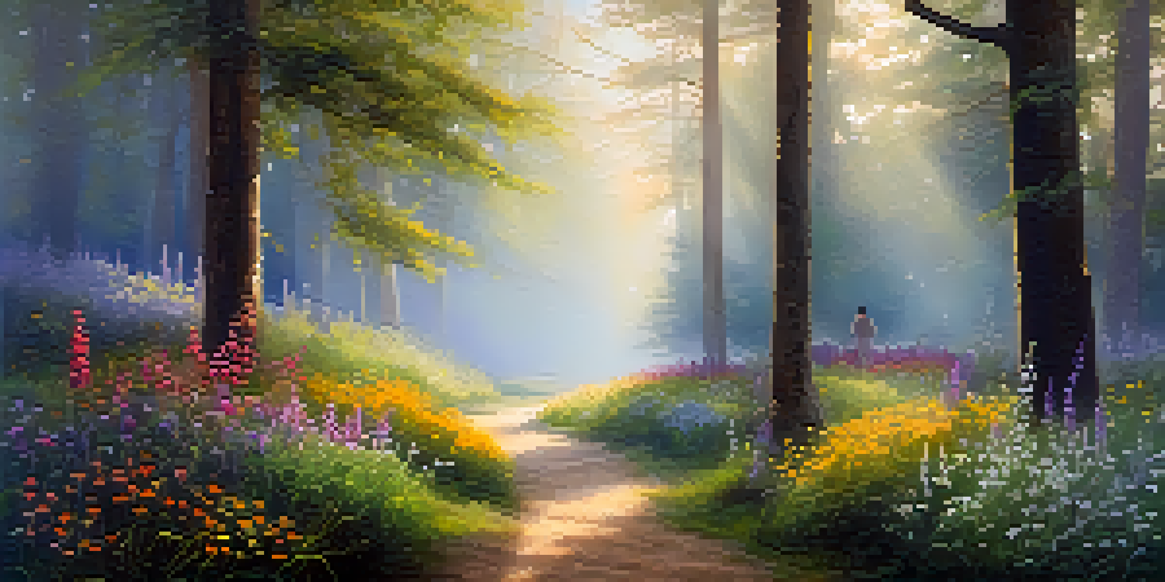 A peaceful forest at dawn with sunlight filtering through trees and a diverse group of people gathered in a joyful ceremony.