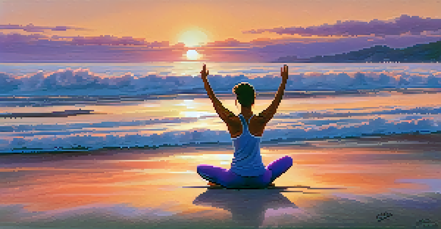 A person practicing yoga on a beach during sunset, with a colorful sky reflecting on the ocean, symbolizing harmony and mindfulness.