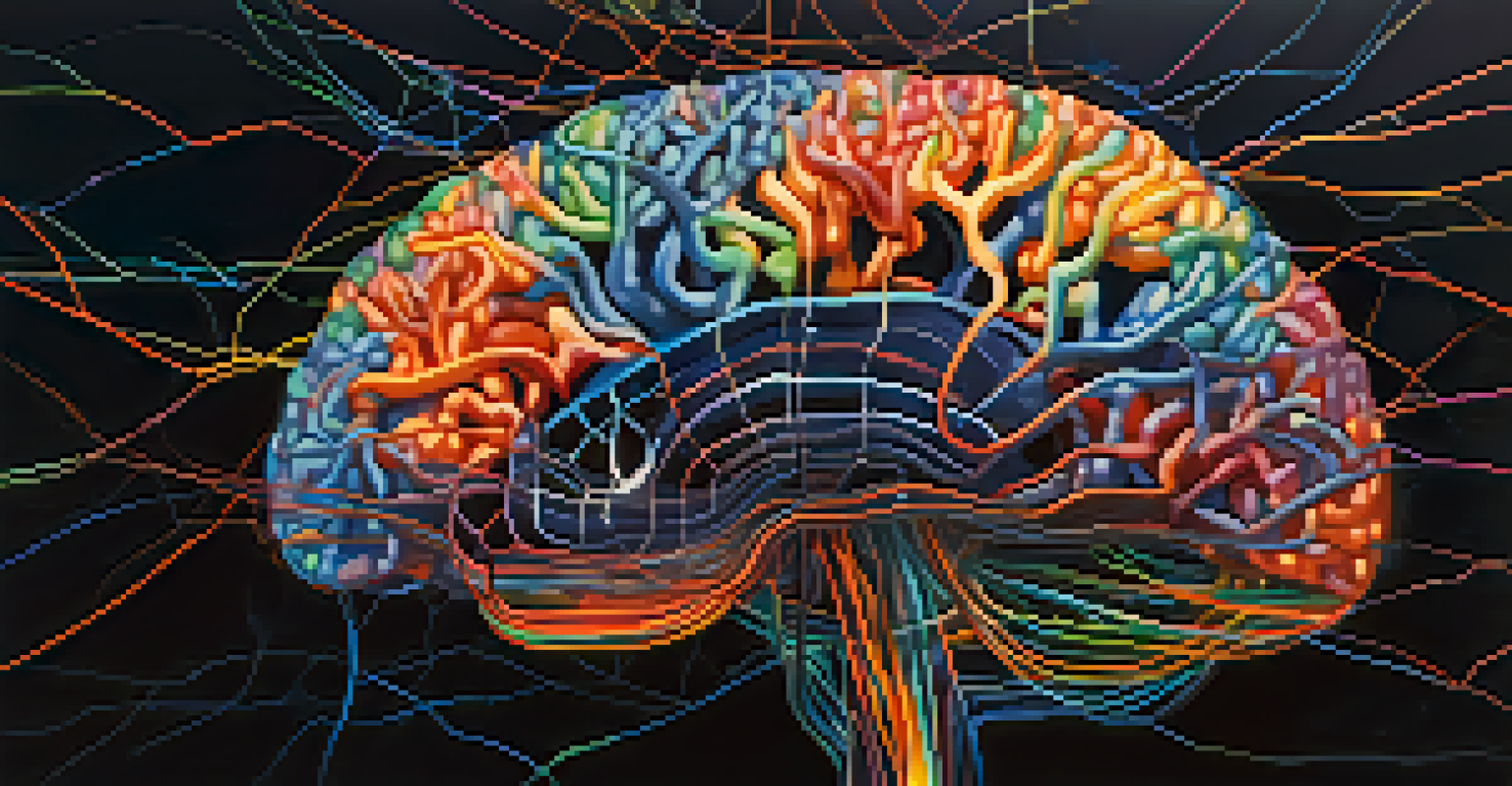 An abstract depiction of a glowing brain with colorful neural connections against a dark blue background.