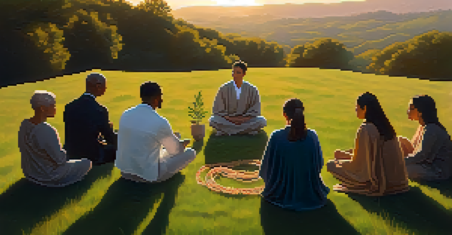 A diverse group of people sitting in a circle on a hillside during sunset, holding natural objects.
