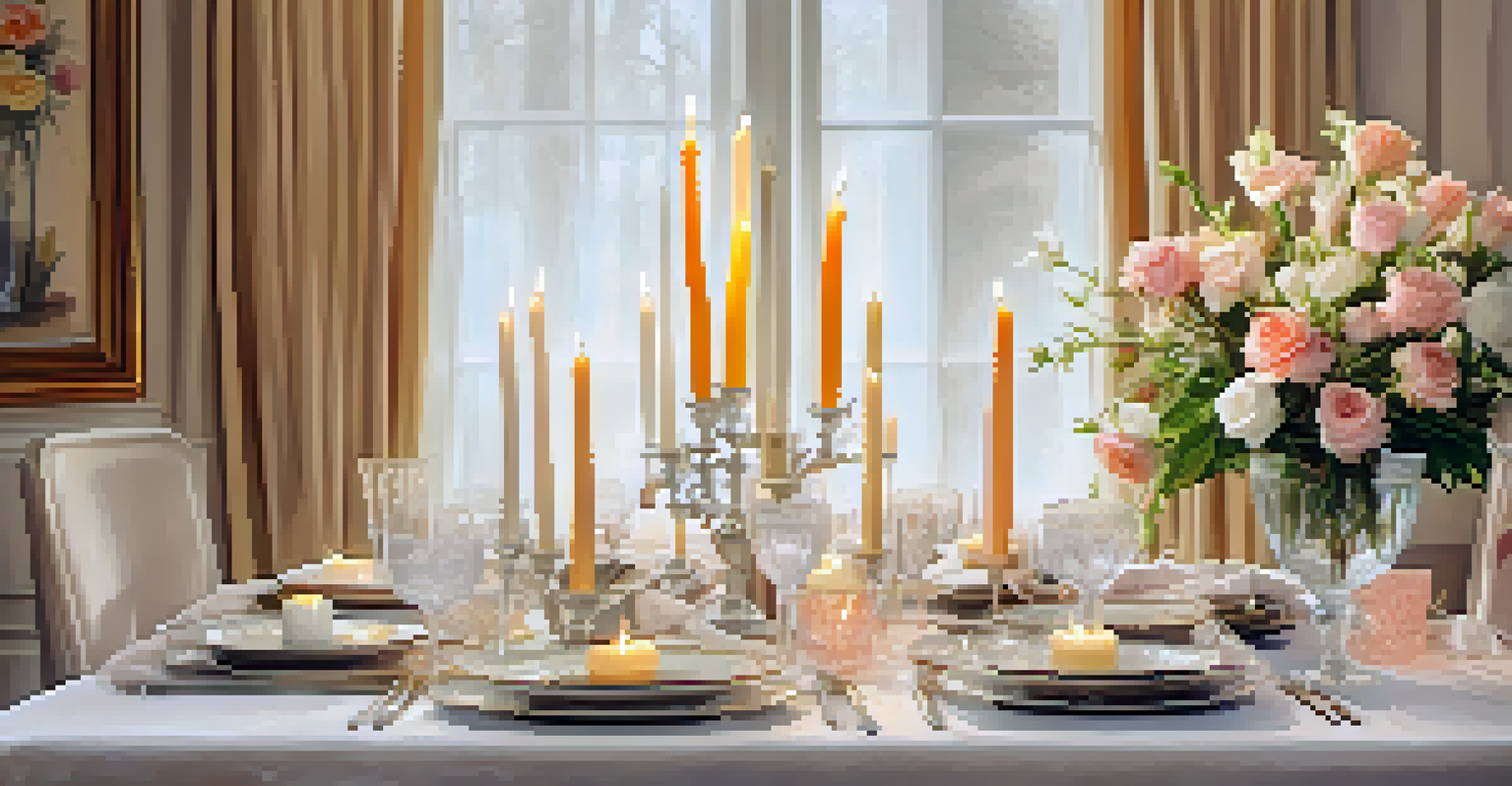 A beautifully arranged dinner table with fine china, flowers, and candles for a party.