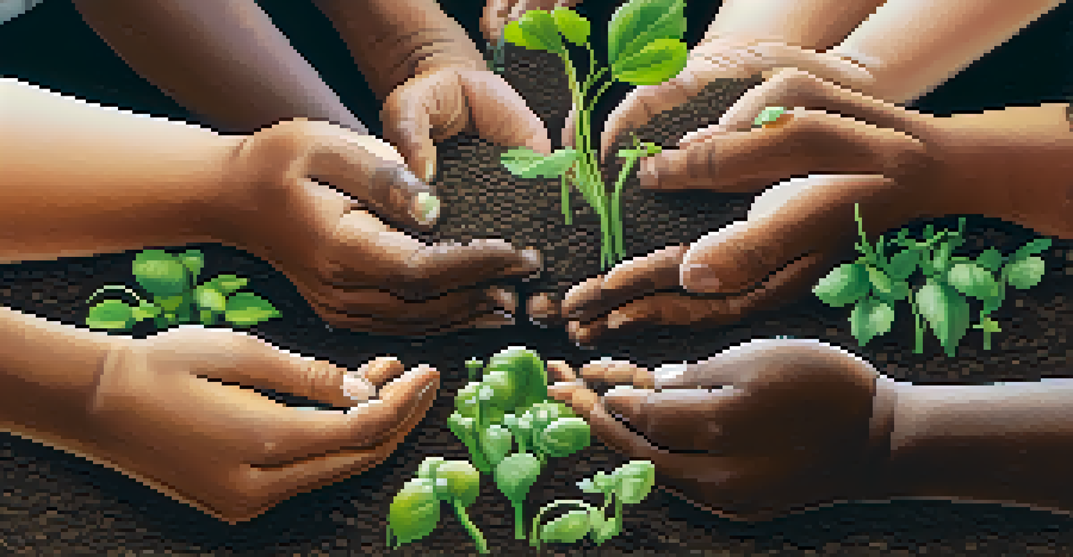 Close-up of diverse hands planting seeds in rich soil in a community garden, symbolizing growth and collective healing.