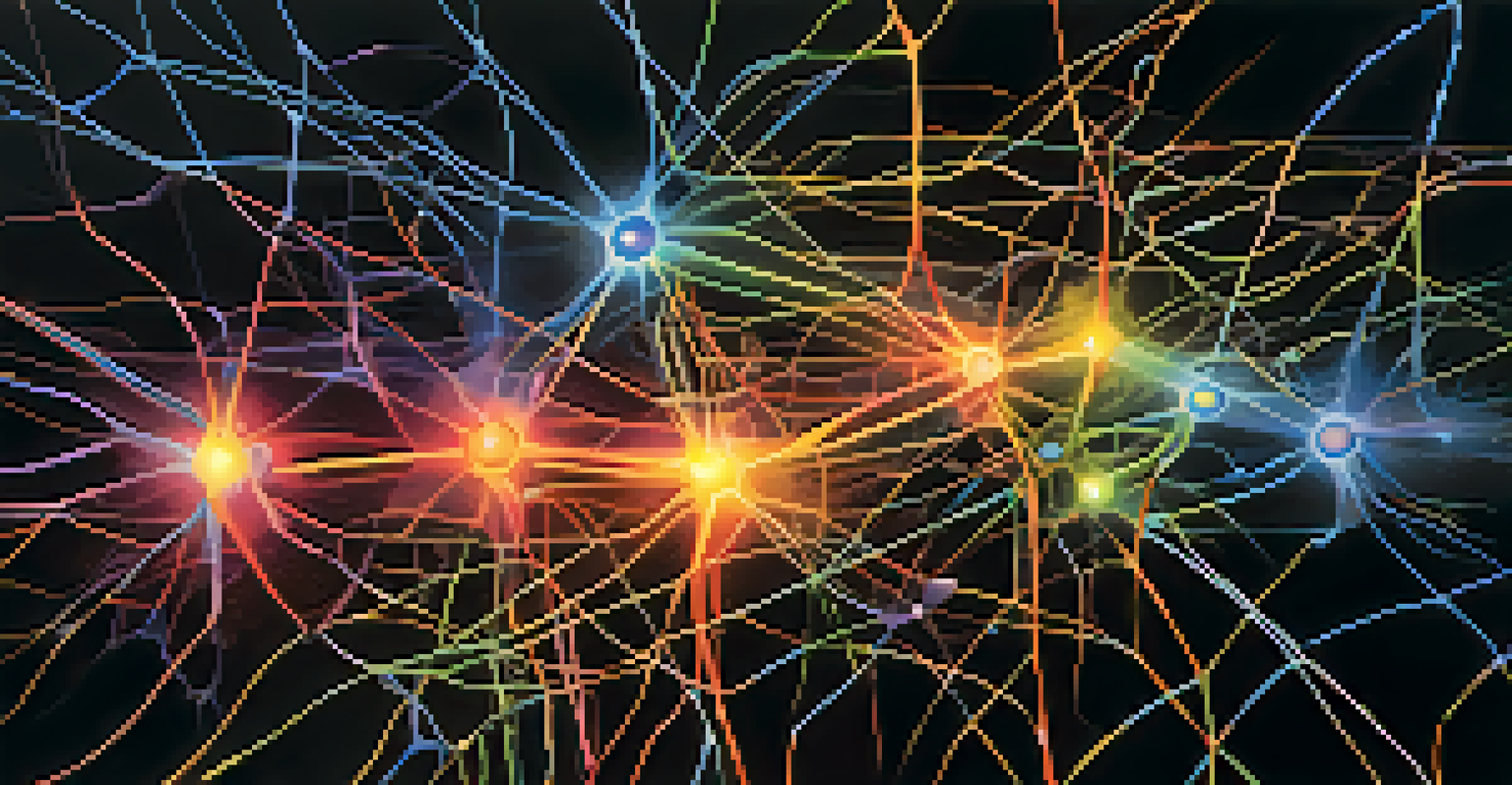 An abstract illustration of neurons and neurotransmitters, showcasing bright interconnected lines and nodes against a dark background.