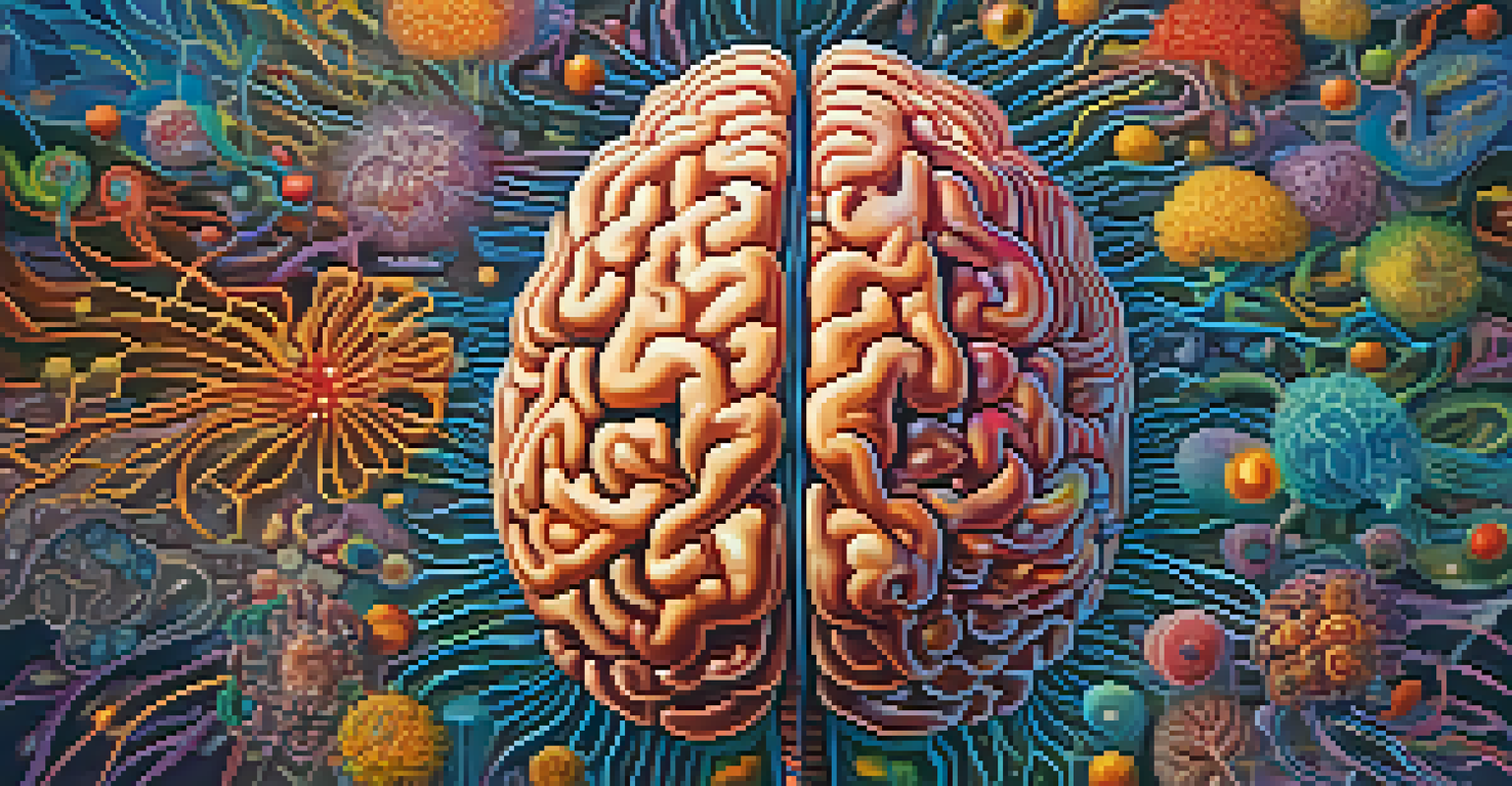 A colorful artistic illustration of the brain highlighting memory-related areas and neurotransmitter pathways.