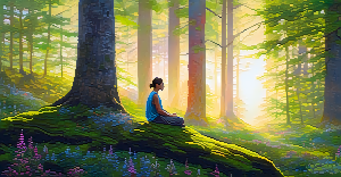 A tranquil forest with sunlight shining through trees, a person meditating on a rock surrounded by wildflowers.