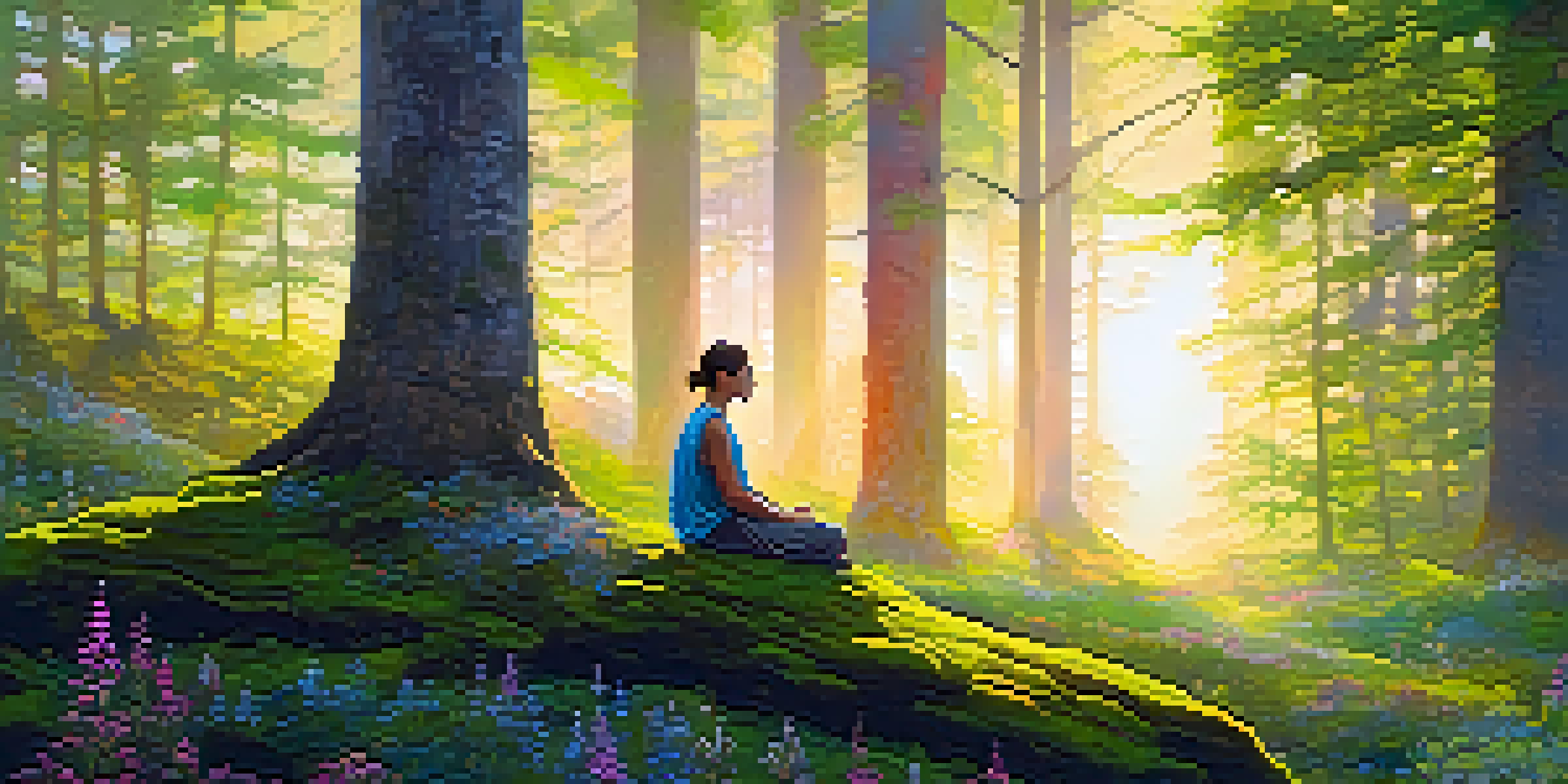 A tranquil forest with sunlight shining through trees, a person meditating on a rock surrounded by wildflowers.
