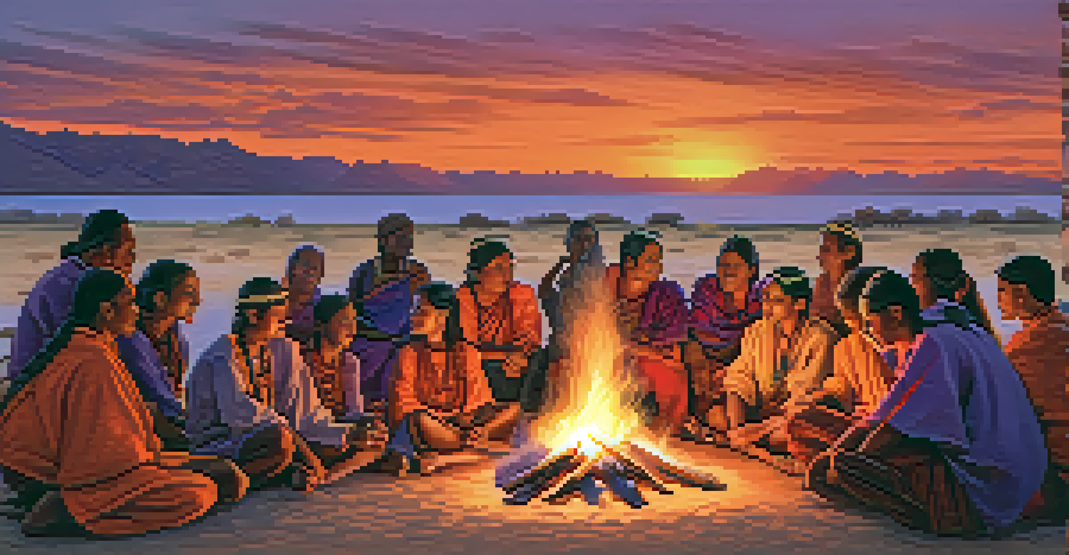A sunset scene of tourists and indigenous people sharing stories around a fire, showcasing cultural exchange and connection.