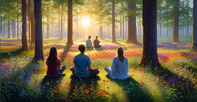 A peaceful forest scene with a group of people meditating in a circle, surrounded by colorful wildflowers and soft morning light.