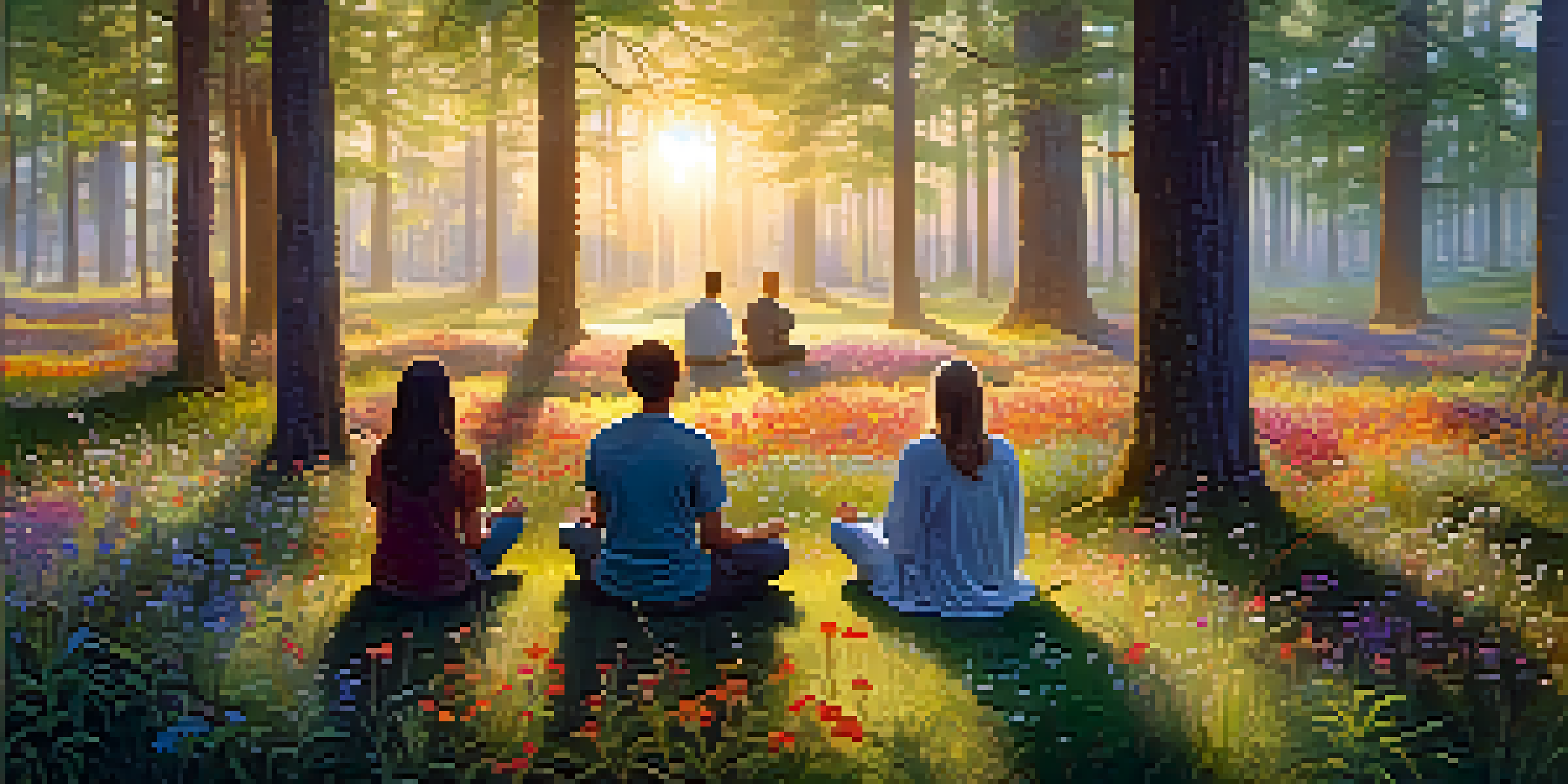 A peaceful forest scene with a group of people meditating in a circle, surrounded by colorful wildflowers and soft morning light.