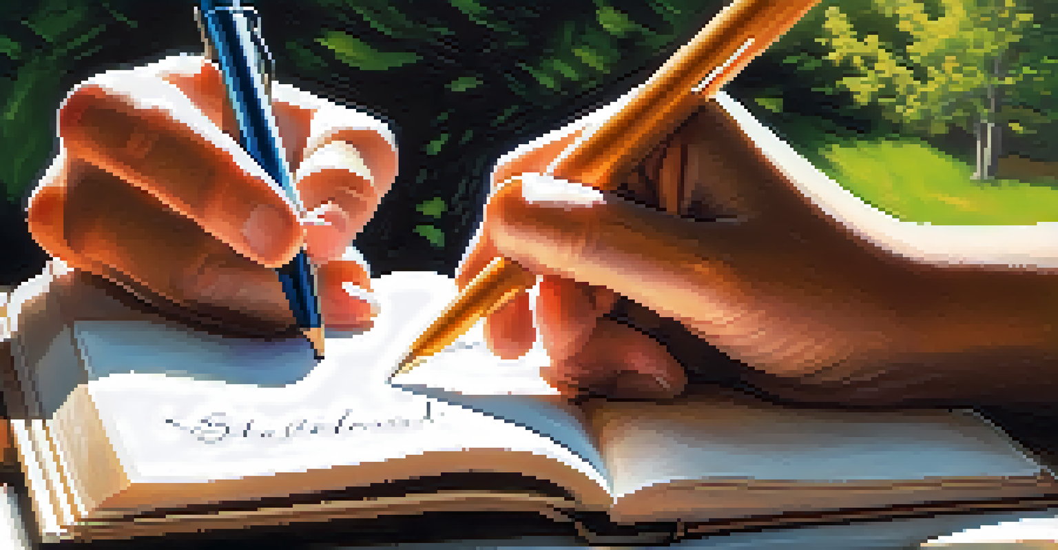A close-up of hands writing in a journal, with a soft nature background, emphasizing mindfulness and intention setting.