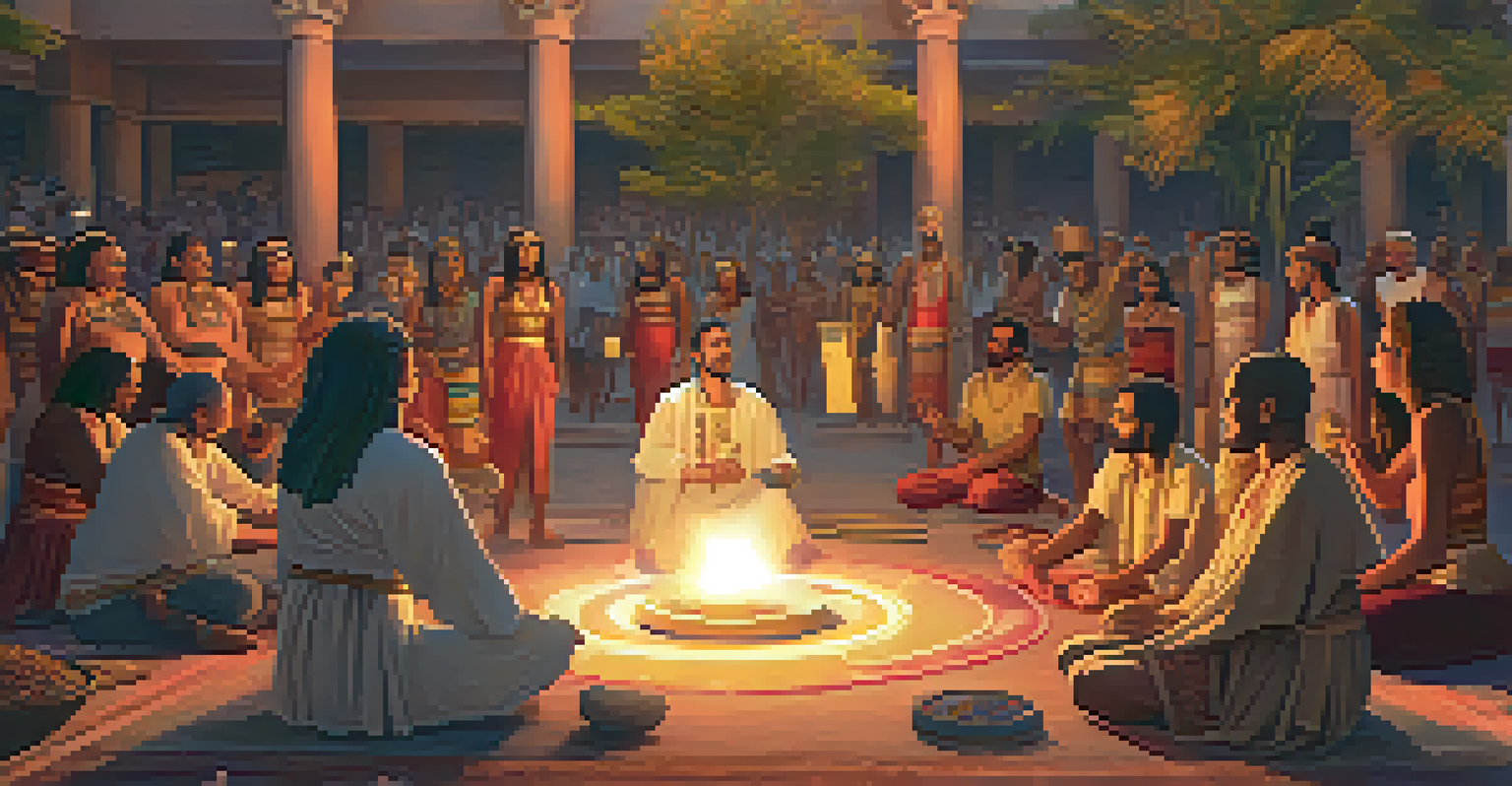Ancient Egyptians engaged in a communal healing ritual, surrounded by herbs and offerings, with music and dancing in a vibrant atmosphere.