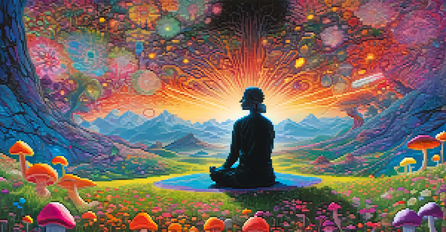 A colorful psychedelic landscape with a meditating silhouette surrounded by flowers and mushrooms.