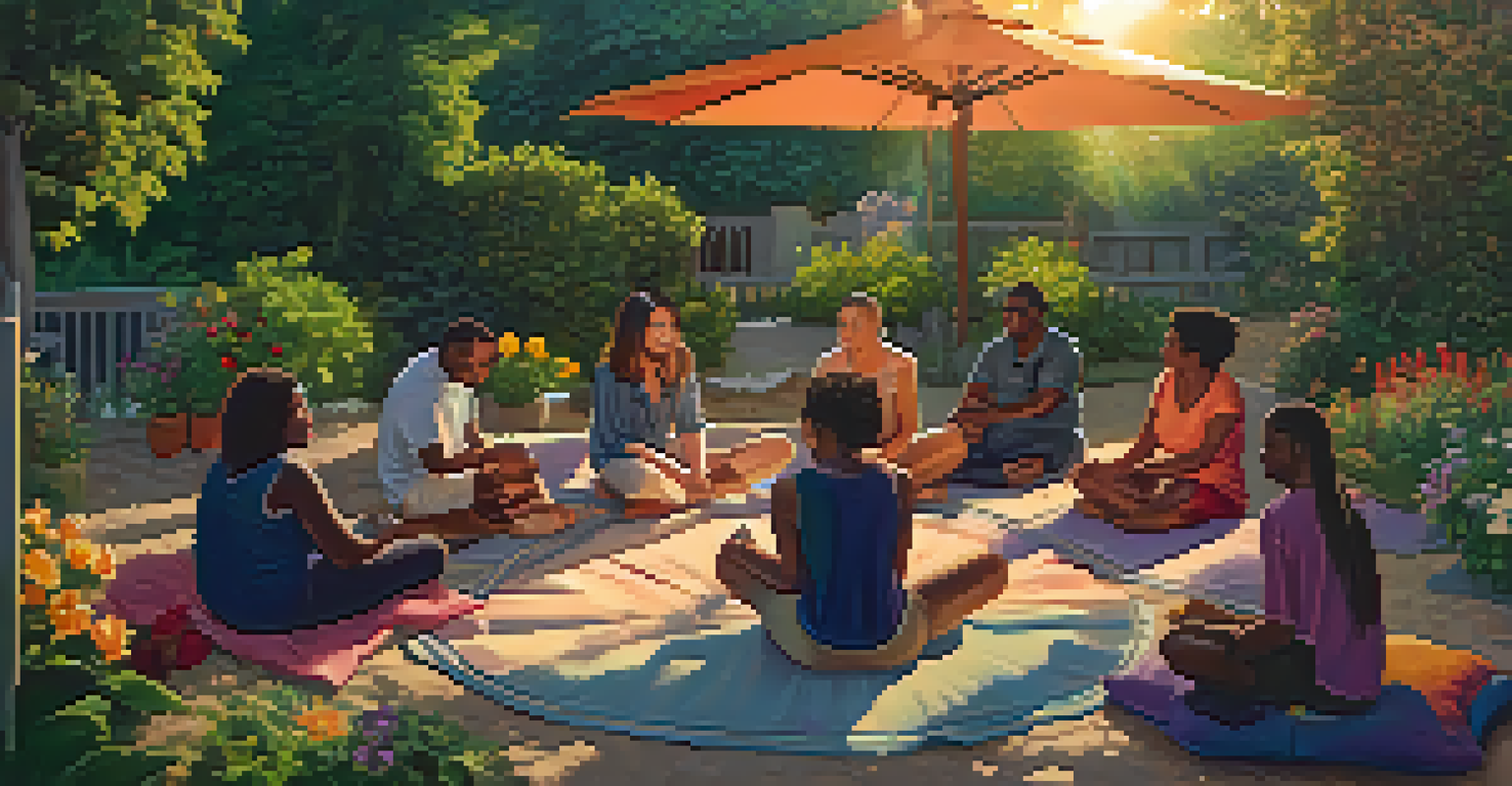 A group of people sitting in a circle in a garden for group therapy, engaging in conversation surrounded by nature.