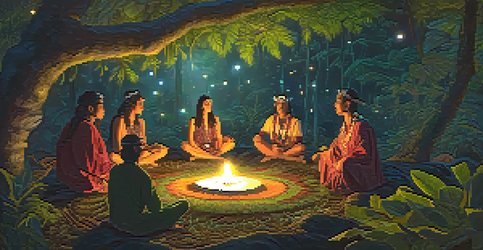 A peaceful scene depicting an Ayahuasca ceremony in the Amazon rainforest, with participants in a circle and a shaman at the center, illuminated by candlelight.