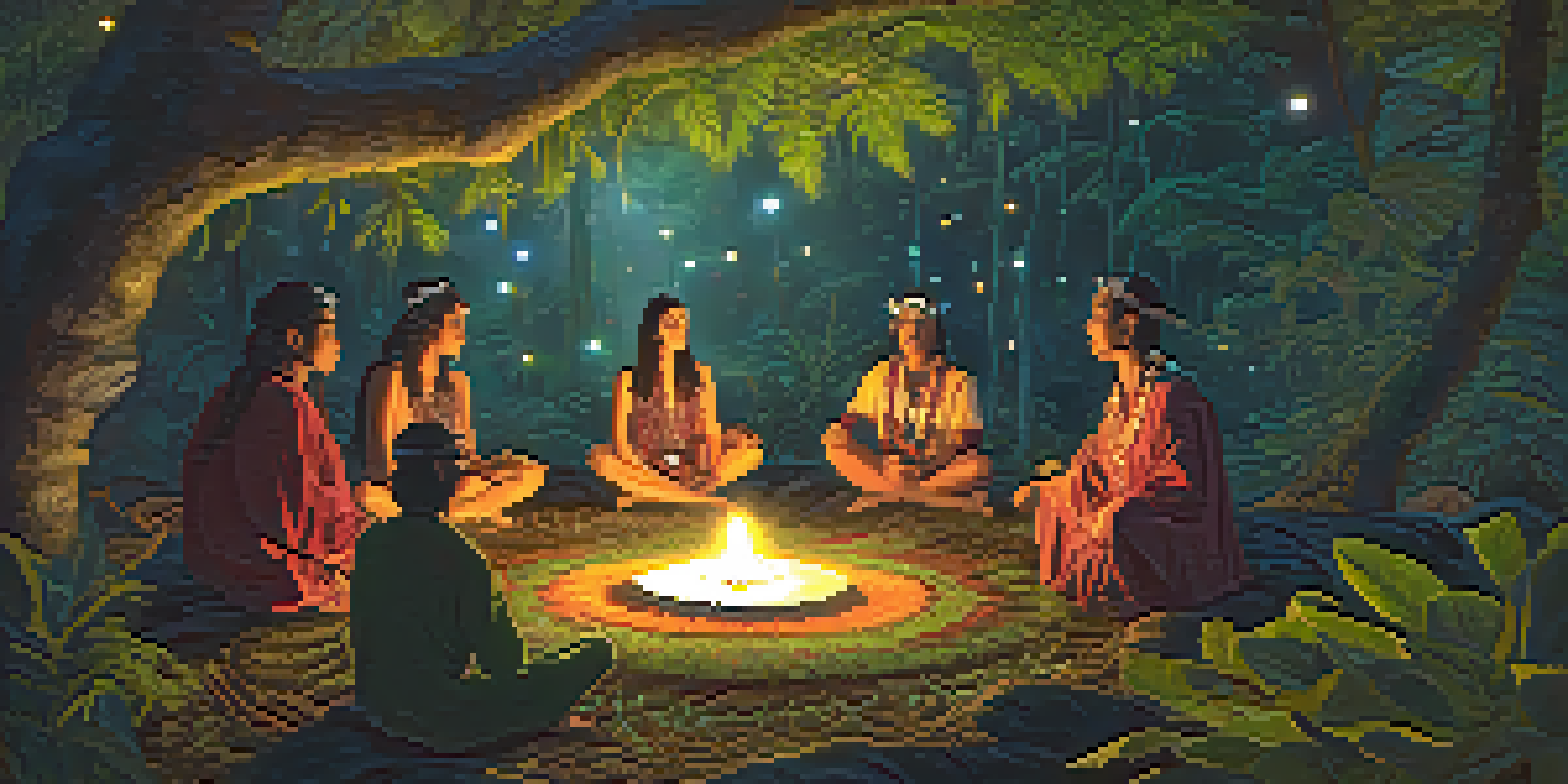 A peaceful scene depicting an Ayahuasca ceremony in the Amazon rainforest, with participants in a circle and a shaman at the center, illuminated by candlelight.