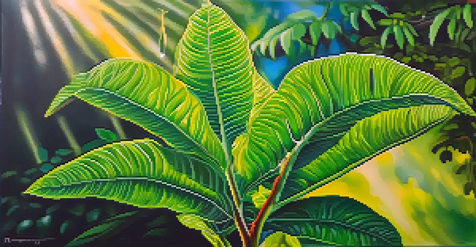 A close-up view of an ayahuasca plant with detailed leaves, illuminated by sunlight in a lush rainforest setting.