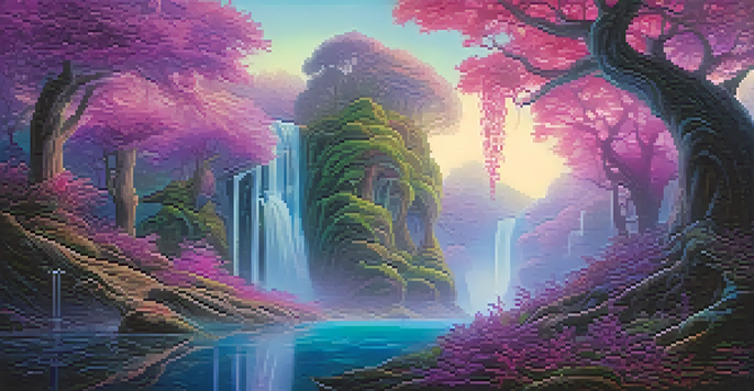 A dreamlike forest with spiraling trees and glowing leaves under a vibrant purple and pink sky, featuring floating islands and waterfalls.