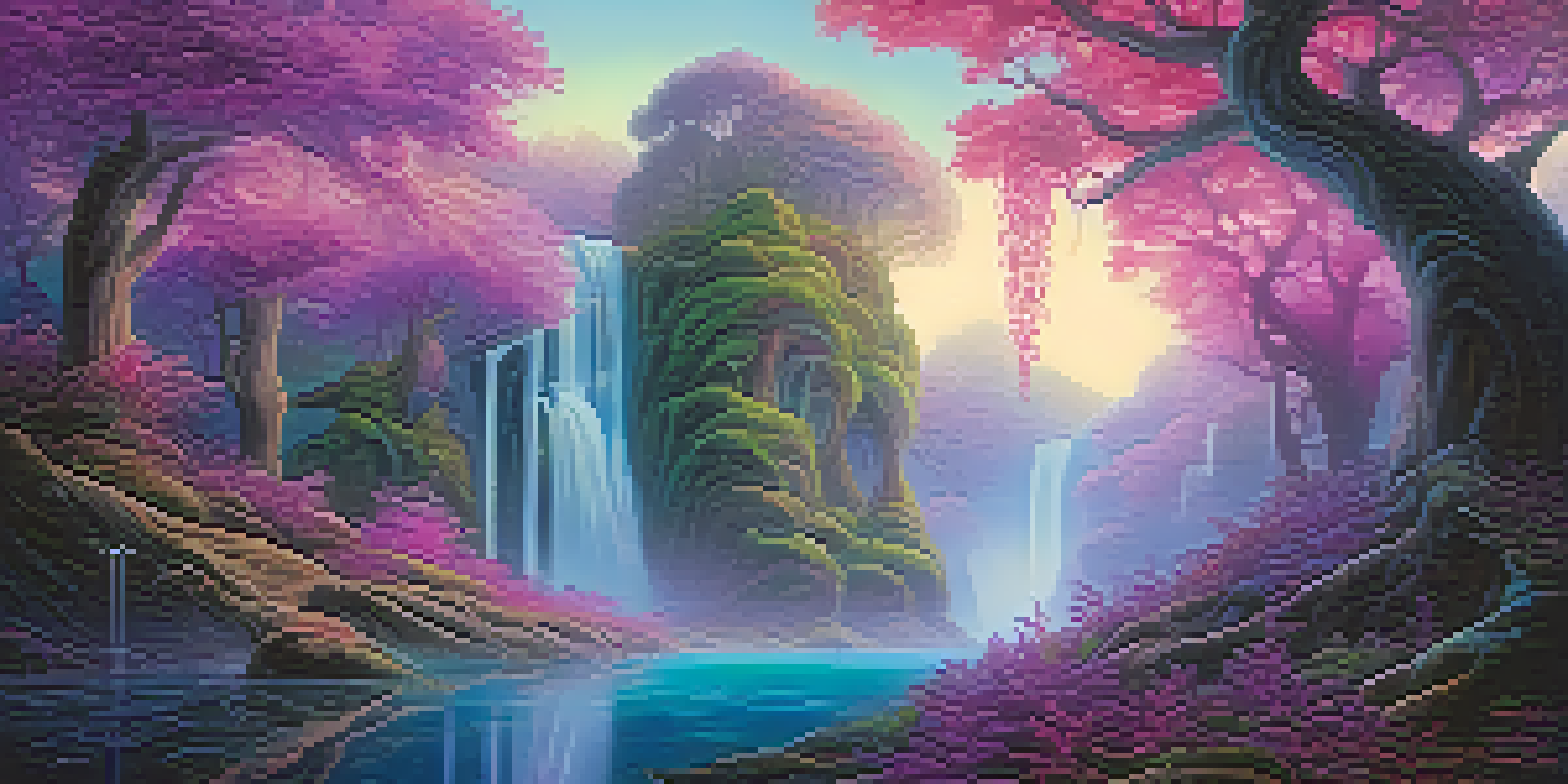A dreamlike forest with spiraling trees and glowing leaves under a vibrant purple and pink sky, featuring floating islands and waterfalls.