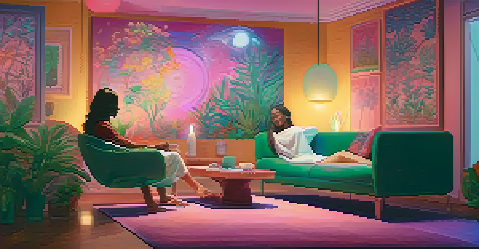 A therapy room with a therapist guiding a patient through a psychedelic therapy session, featuring calming colors and soft lighting.