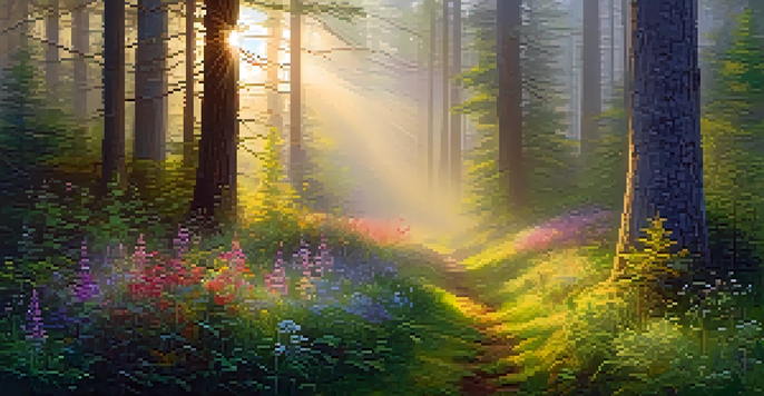 A peaceful forest at sunrise with sunlight streaming through trees and colorful wildflowers in a clearing.