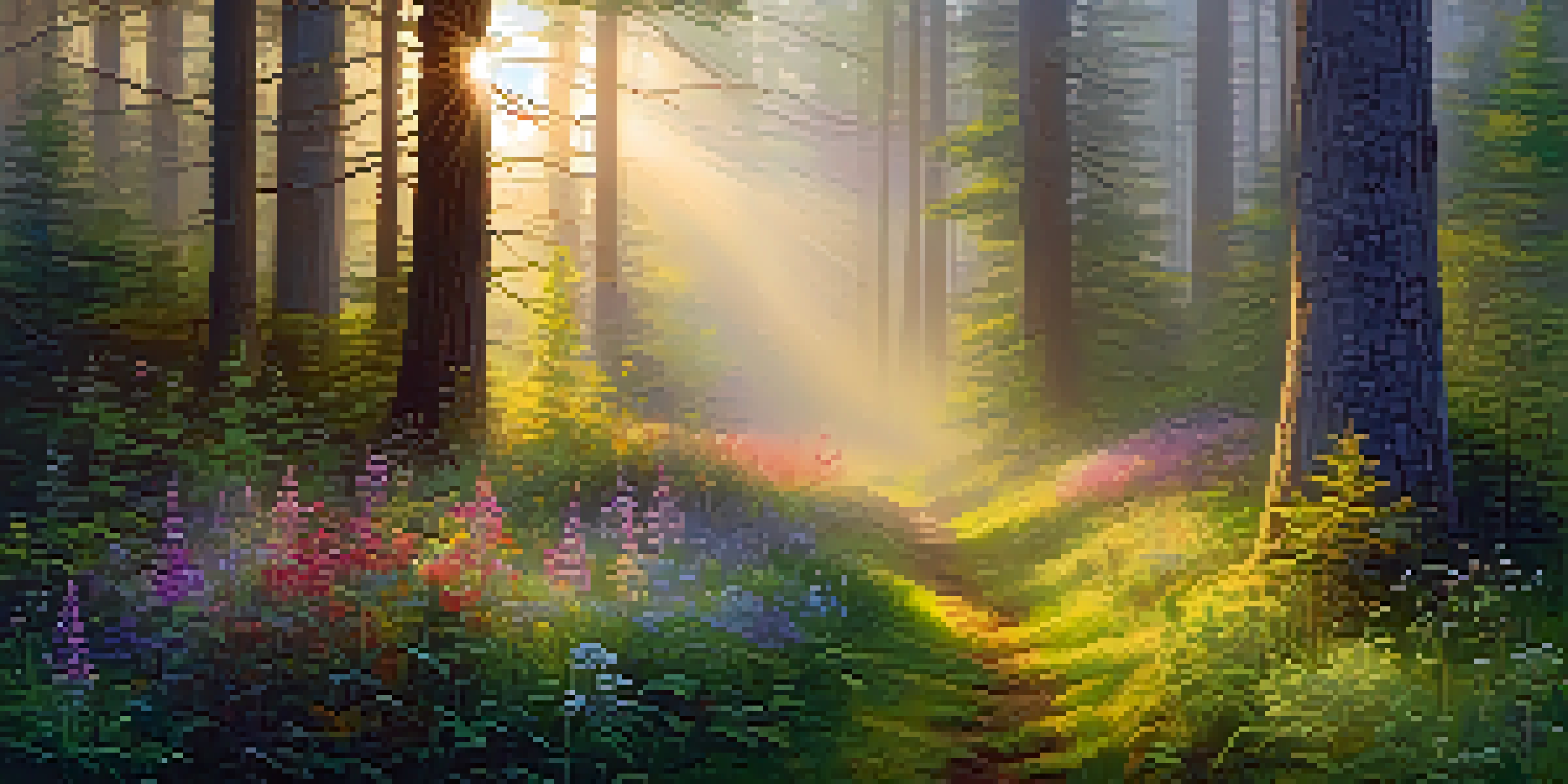 A peaceful forest at sunrise with sunlight streaming through trees and colorful wildflowers in a clearing.