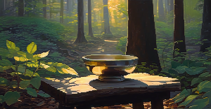 A peaceful forest scene with sunlight shining through the trees, featuring a wooden table adorned with stones and herbs.