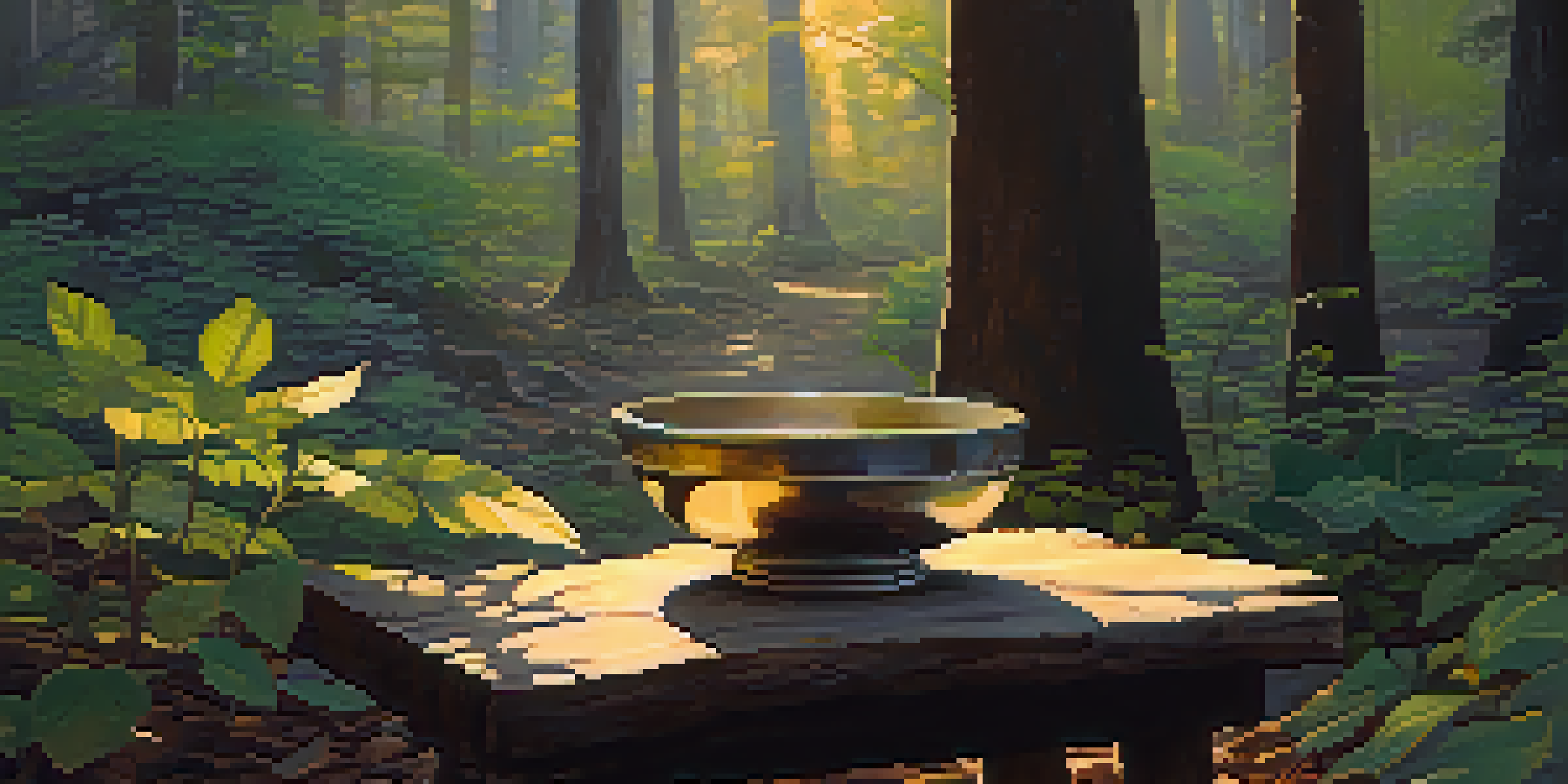 A peaceful forest scene with sunlight shining through the trees, featuring a wooden table adorned with stones and herbs.