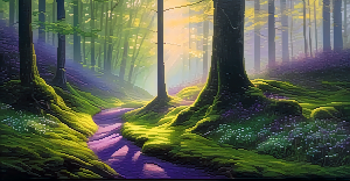 A tranquil forest at sunrise, with light shining through trees and a misty atmosphere, showcasing a mossy path and wildflowers.