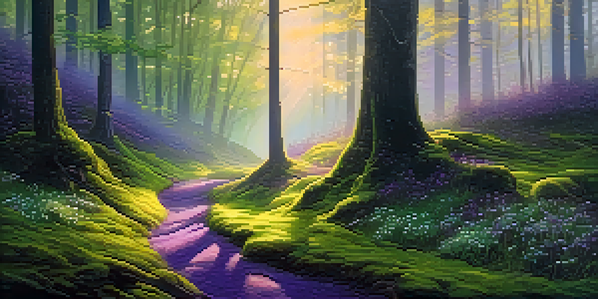 A tranquil forest at sunrise, with light shining through trees and a misty atmosphere, showcasing a mossy path and wildflowers.