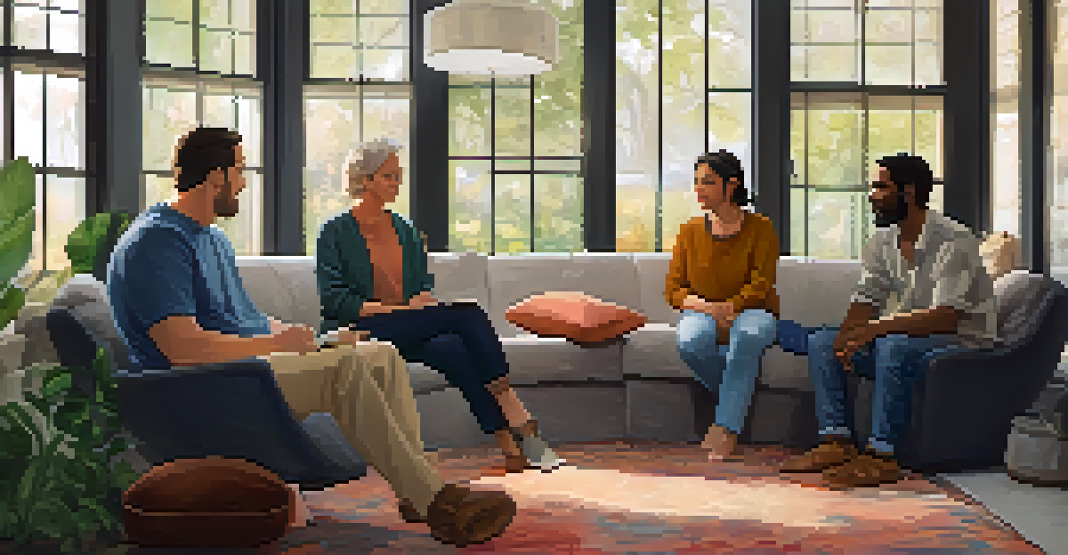 A supportive group therapy session in a cozy, well-lit room, with individuals seated in a circle, surrounded by cushions for comfort and connection.