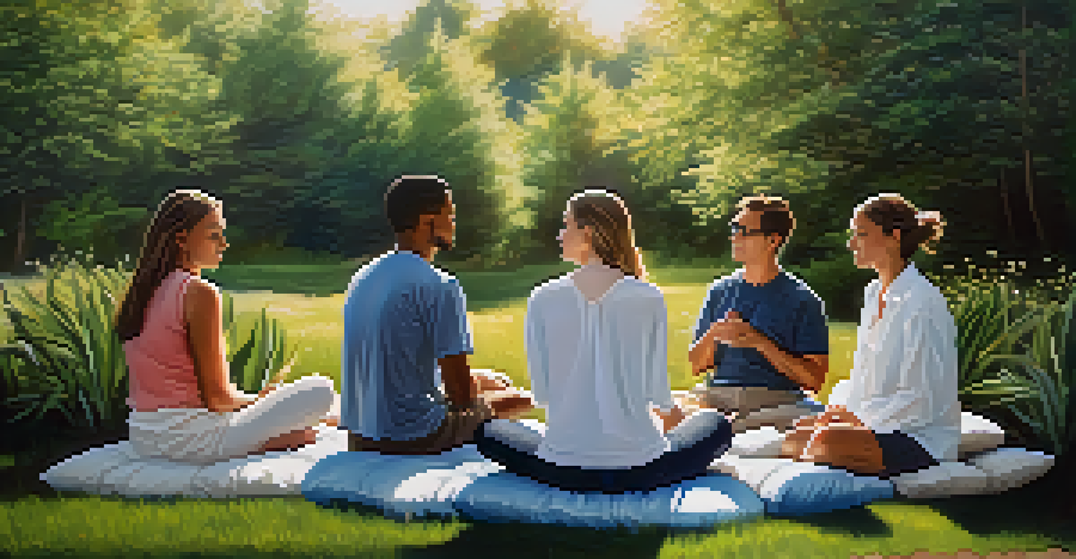 A supportive group practicing mindfulness together in a circle outdoors, surrounded by nature and soft sunlight.