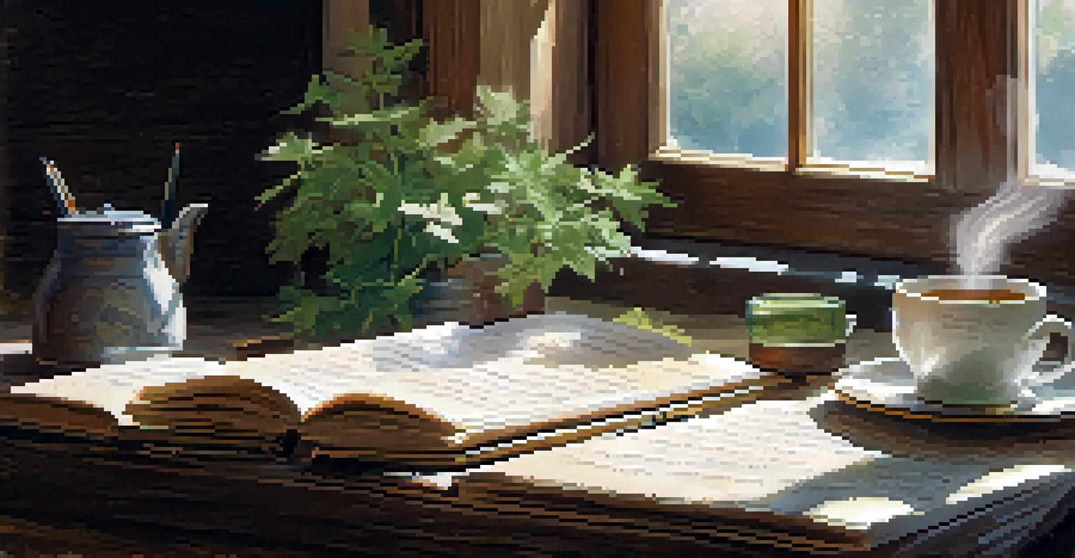 An open journal with handwritten notes on a wooden table, accompanied by a cup of herbal tea in a sunlit room.