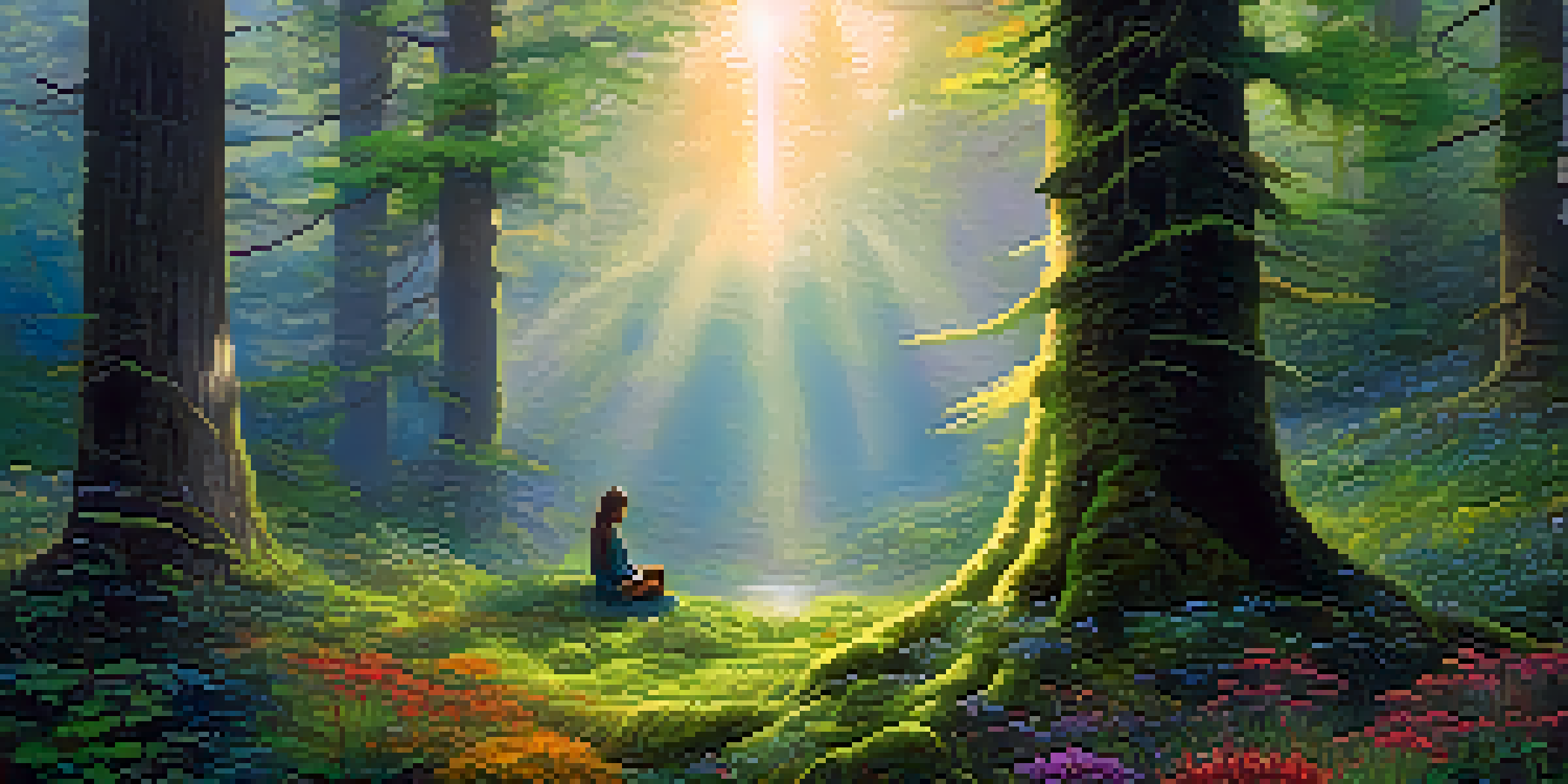A peaceful forest at sunrise with a meditative figure surrounded by colorful wildflowers and mist.