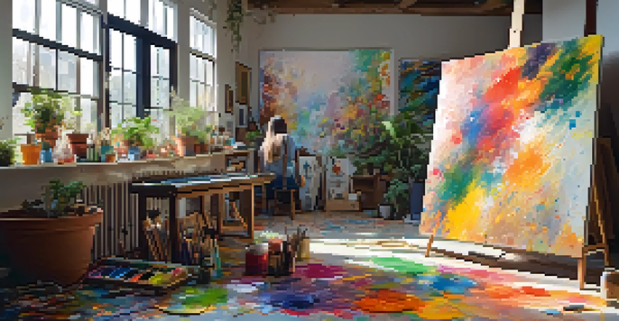 An artist working in a colorful studio with paint splatters, canvases, and warm sunlight coming through the window.