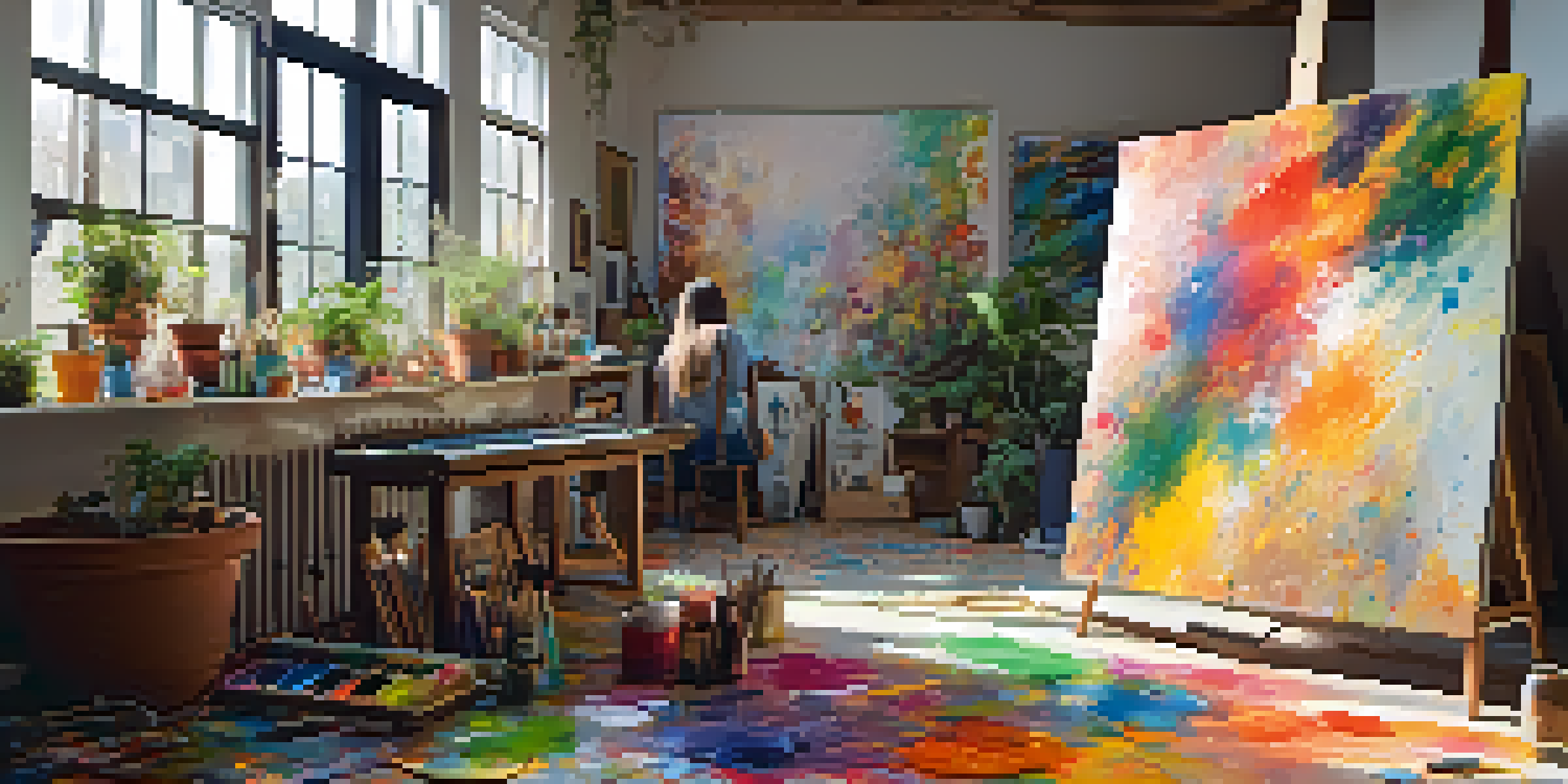 An artist working in a colorful studio with paint splatters, canvases, and warm sunlight coming through the window.