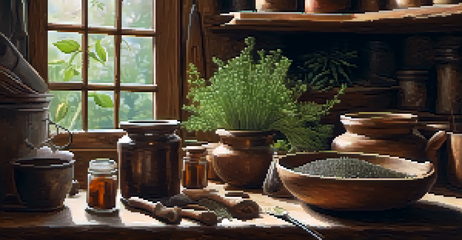 Close-up of hands grinding herbs with a mortar and pestle in a rustic kitchen, surrounded by jars of dried plants and spices.
