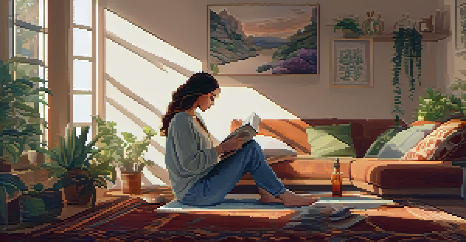 A woman journaling in a cozy room with warm lighting, surrounded by plants and cushions, with a cup of herbal tea beside her.