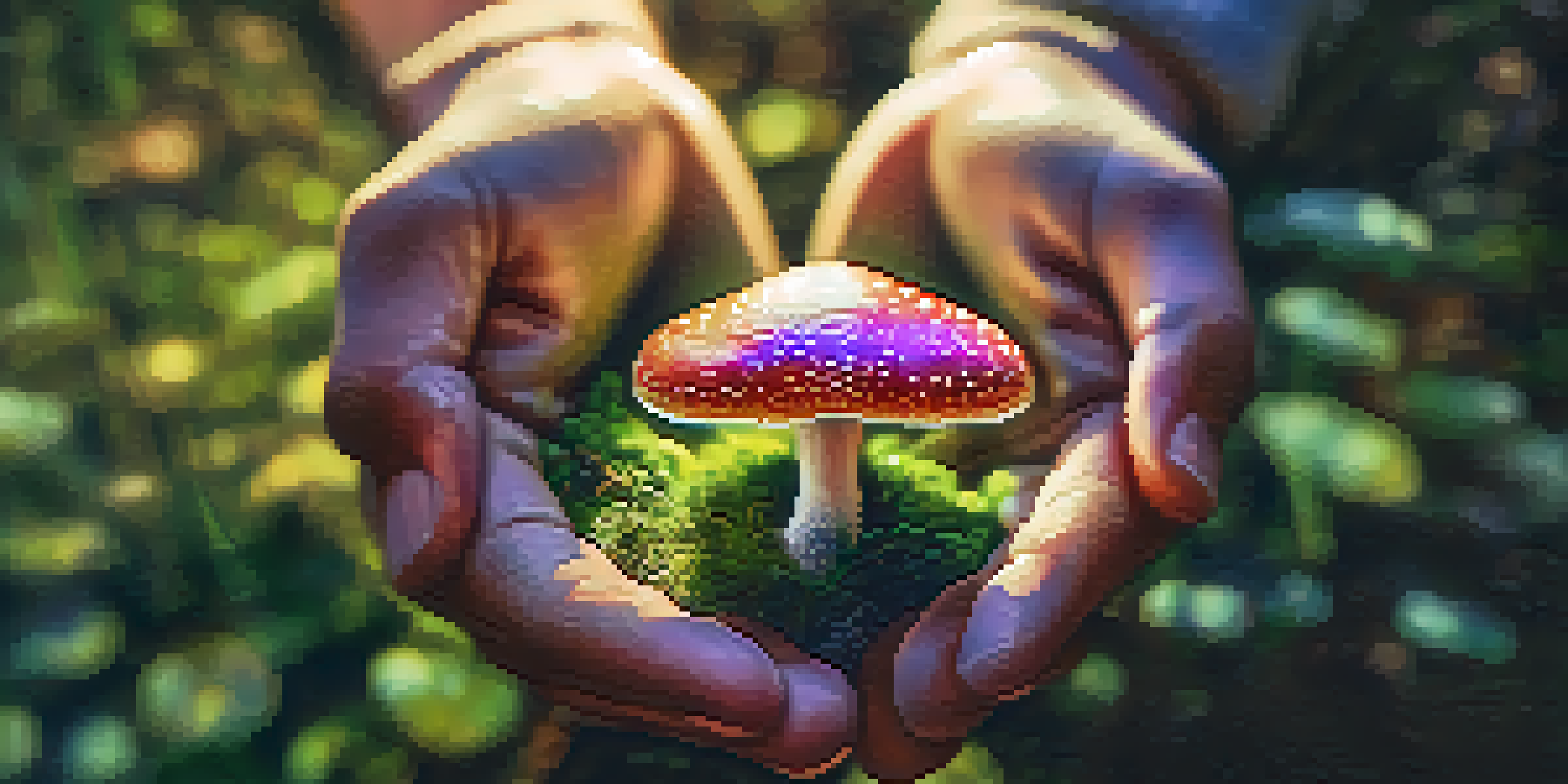 A close-up of hands holding a colorful mushroom, with a blurred natural background, symbolizing introspection and connection.