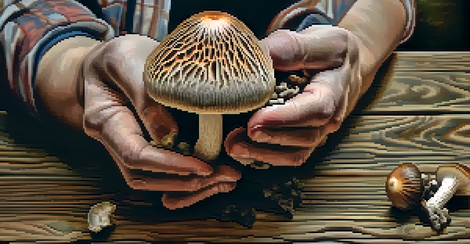 Close-up of hands holding a psilocybin mushroom on a wooden table.