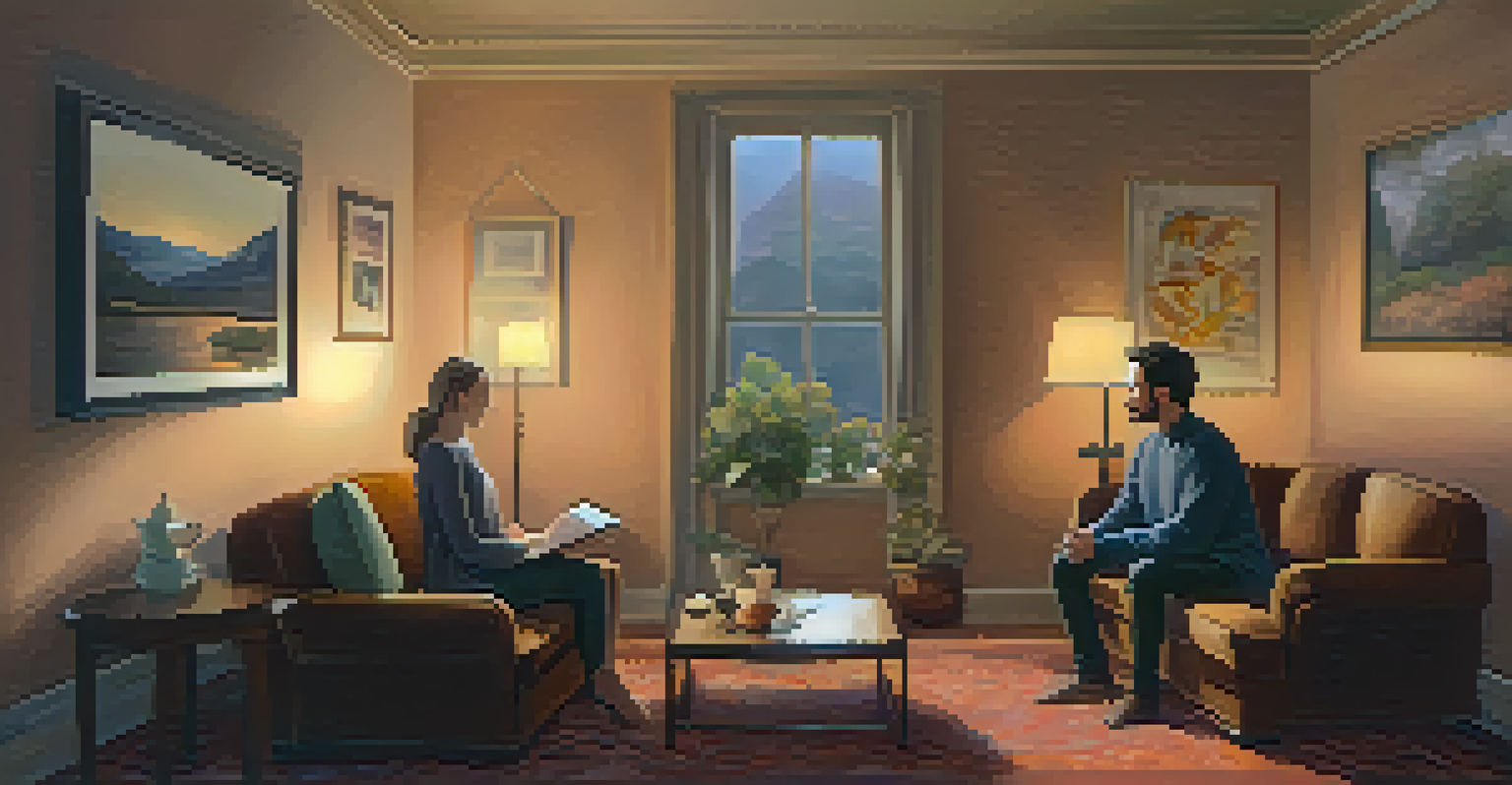 A cozy therapy room with a therapist and participant in a supportive session, warm lighting and calming artwork.