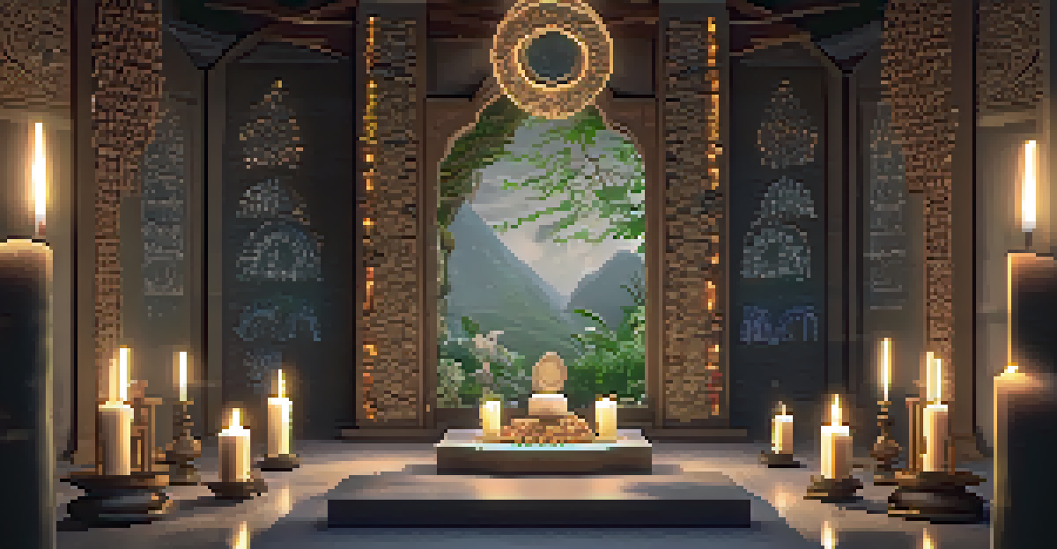 A beautifully arranged indoor altar with candles, crystals, and plants, illuminated by soft ambient light.