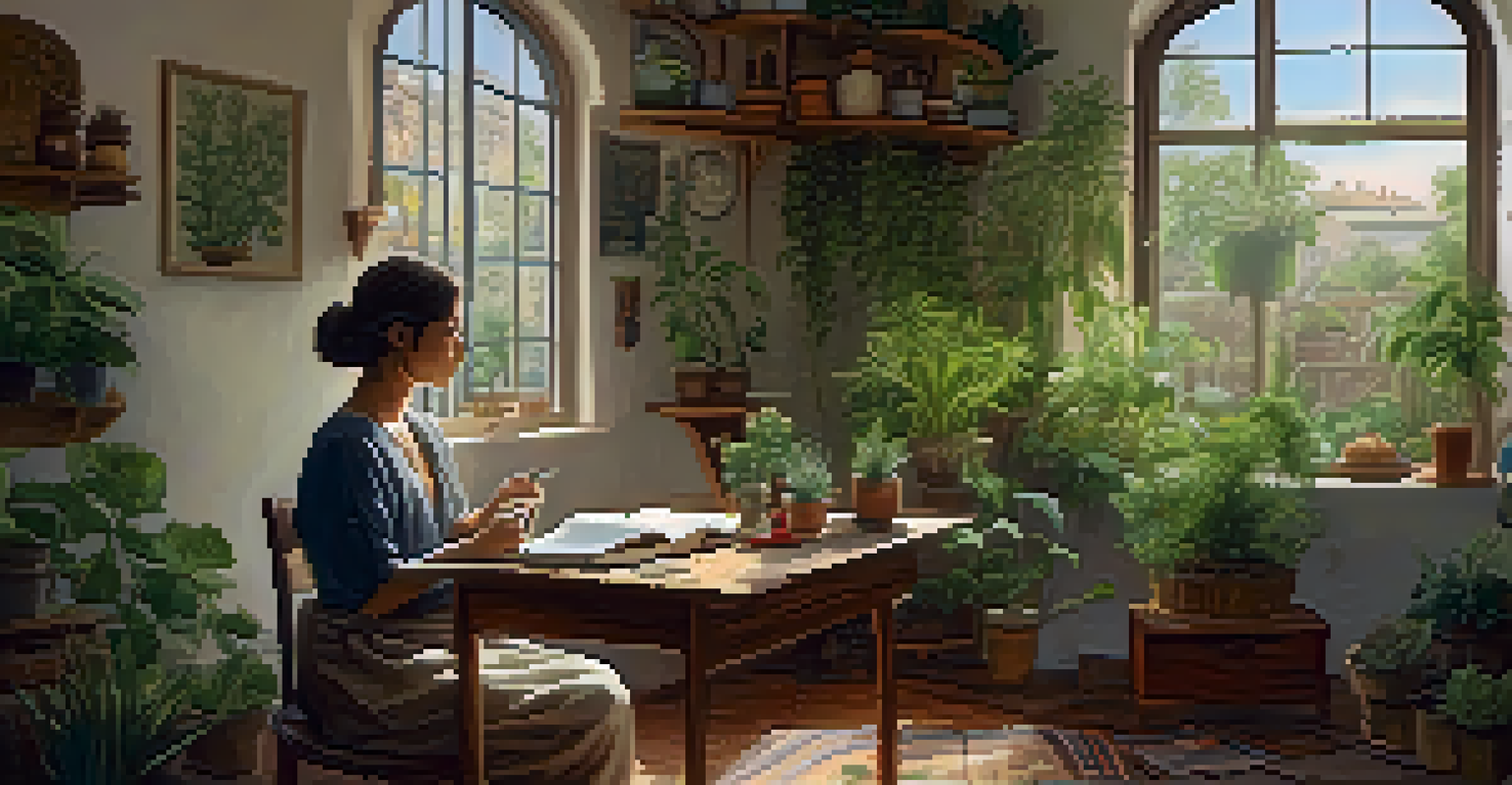 A cozy room with a person journaling at a table, surrounded by plants and cultural art on the walls.