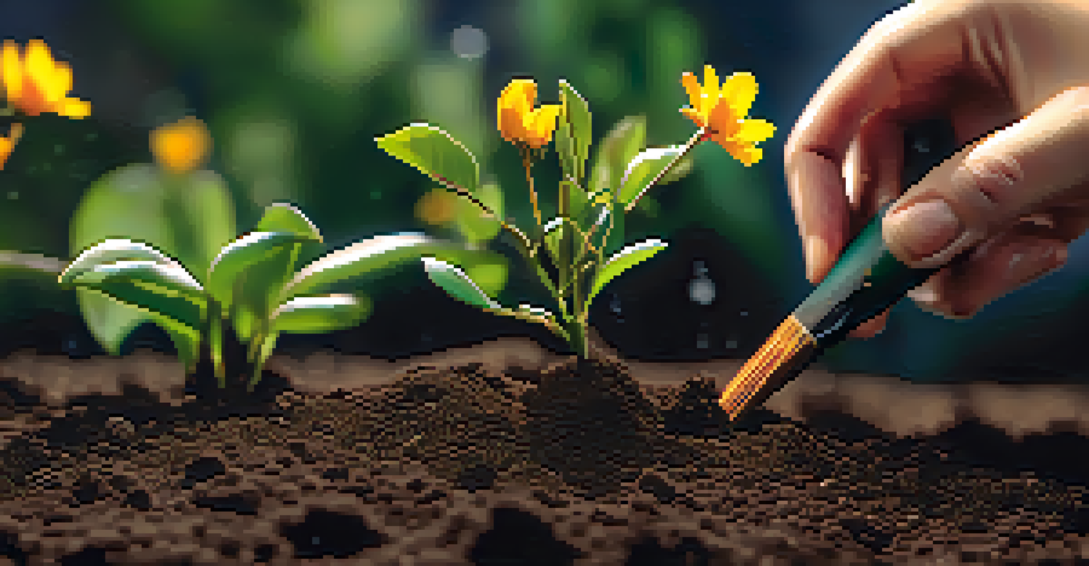 Close-up of hands planting a sapling in soil, with a blurred garden background and sunlight glistening on leaves.
