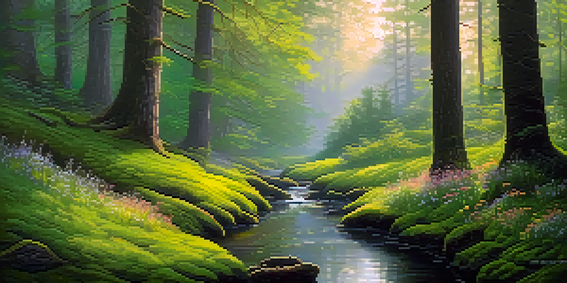 A peaceful forest scene at dawn with mist, sunlight filtering through trees, and a small stream.